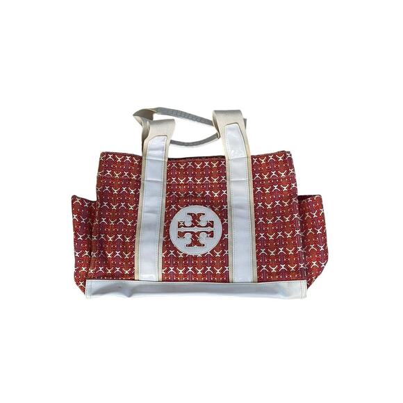 Tory Burch Ella Tote Bag Pink Orange White Patent Preppy - Picture 1 of 8